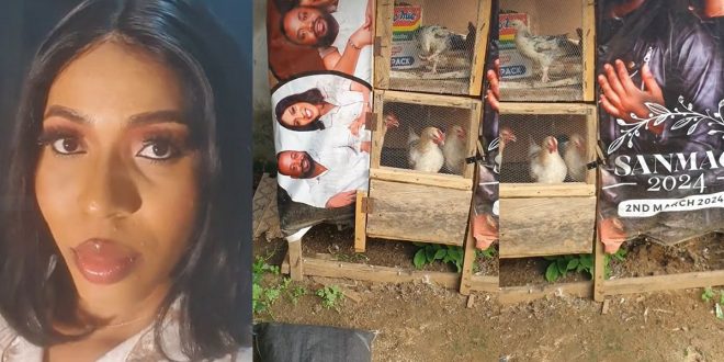 Nigerian Lady Heartbrokǝn As Husband Uses Wedding Banner To Build Chicken Home (VIDEO)