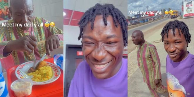 “Enjoyment kon be like stress for your papa” – Nigerian dad struggles with cutlery at a fancy restaurant following son’s treat (WATCH)